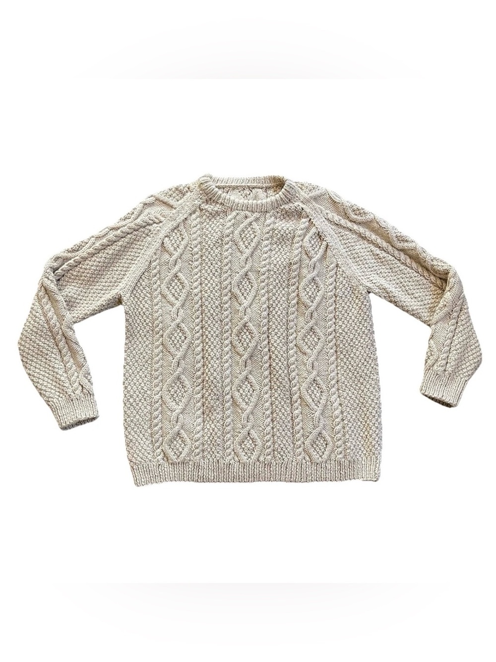 Vintage Handmade Cable Knit Sweater Beige Crew Neck Unisex Medium